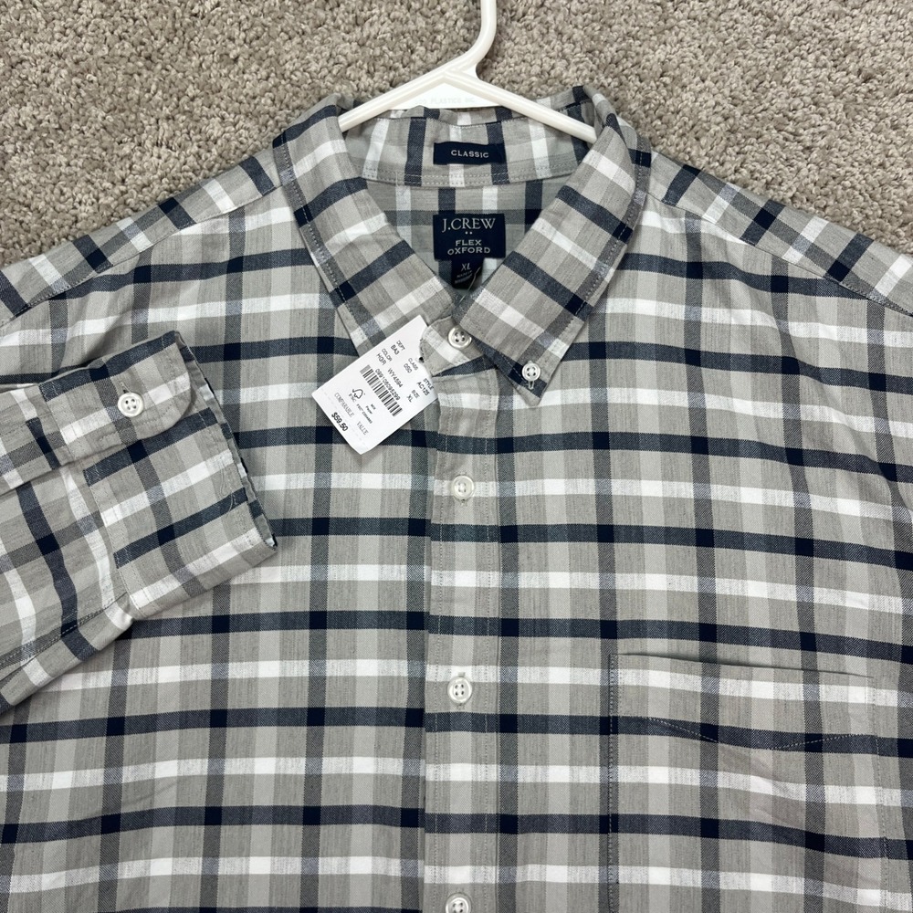 J.Crew Classic Flex Oxford Shirt Mens XL‎ Gray Black White Plaid Button Down
